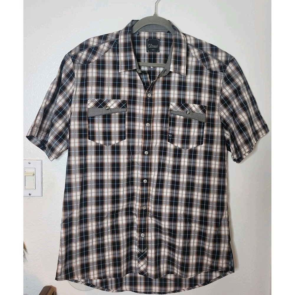 7 Diamonds Short Sleeve Button Up Collar Shirt Mens XL Western Plaid 100% Cotton